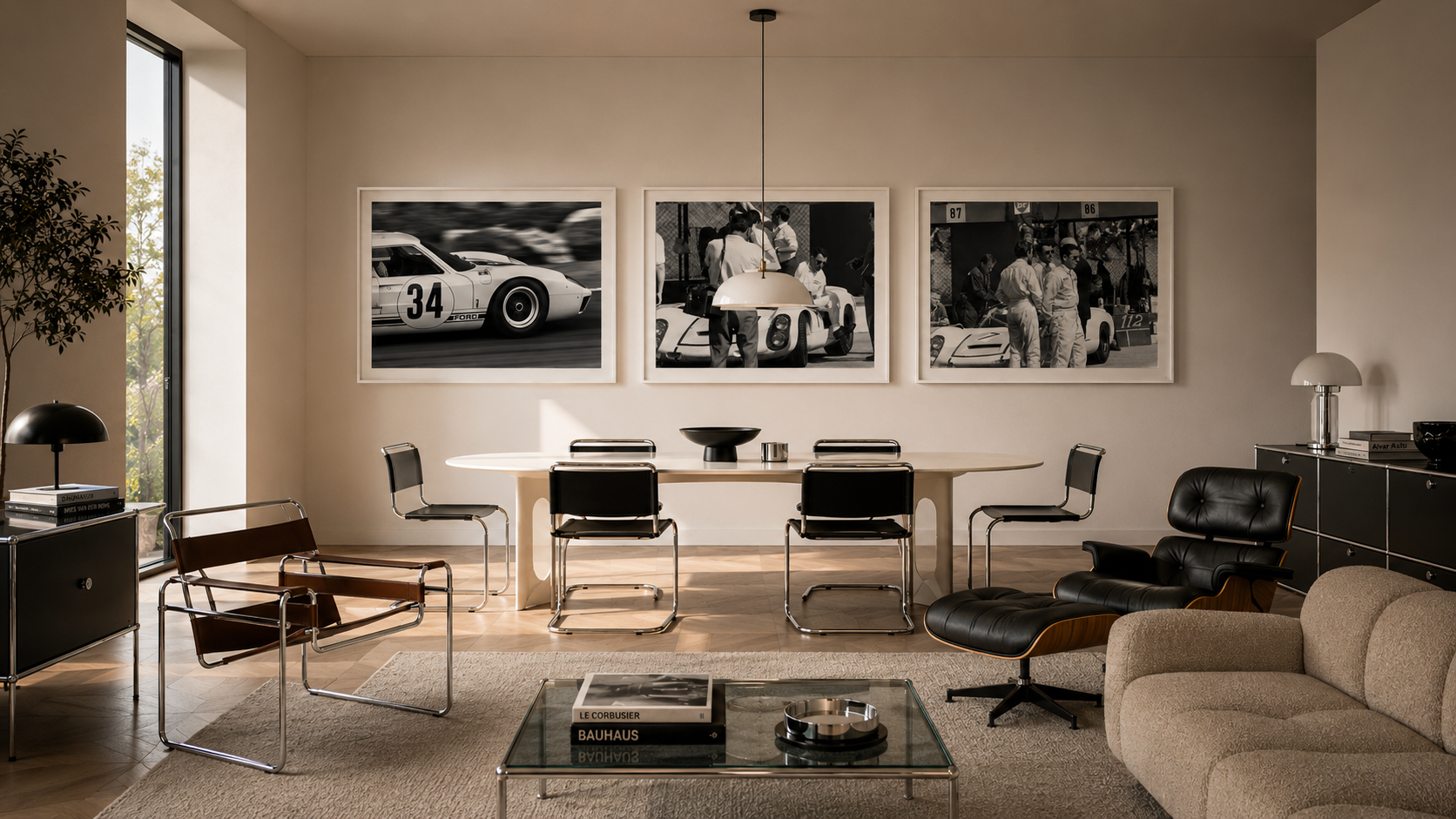 Atelieransicht: Drei gerahmte Morton-Hill-Motive über einer Eames-Lounge und Wassily-Chair