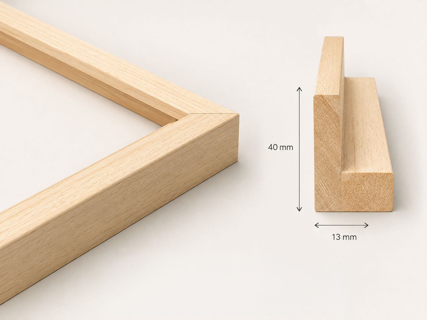 Schattenfugenrahmen aus geölter Eiche natur, Ecke und Profilschnitt mit 40 mm Höhe und 13 mm Breite