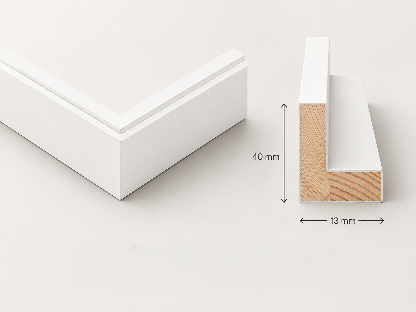 Schattenfugenrahmen in matt Weiß, Ecke und Profilschnitt mit 40 mm Höhe und 13 mm Breite